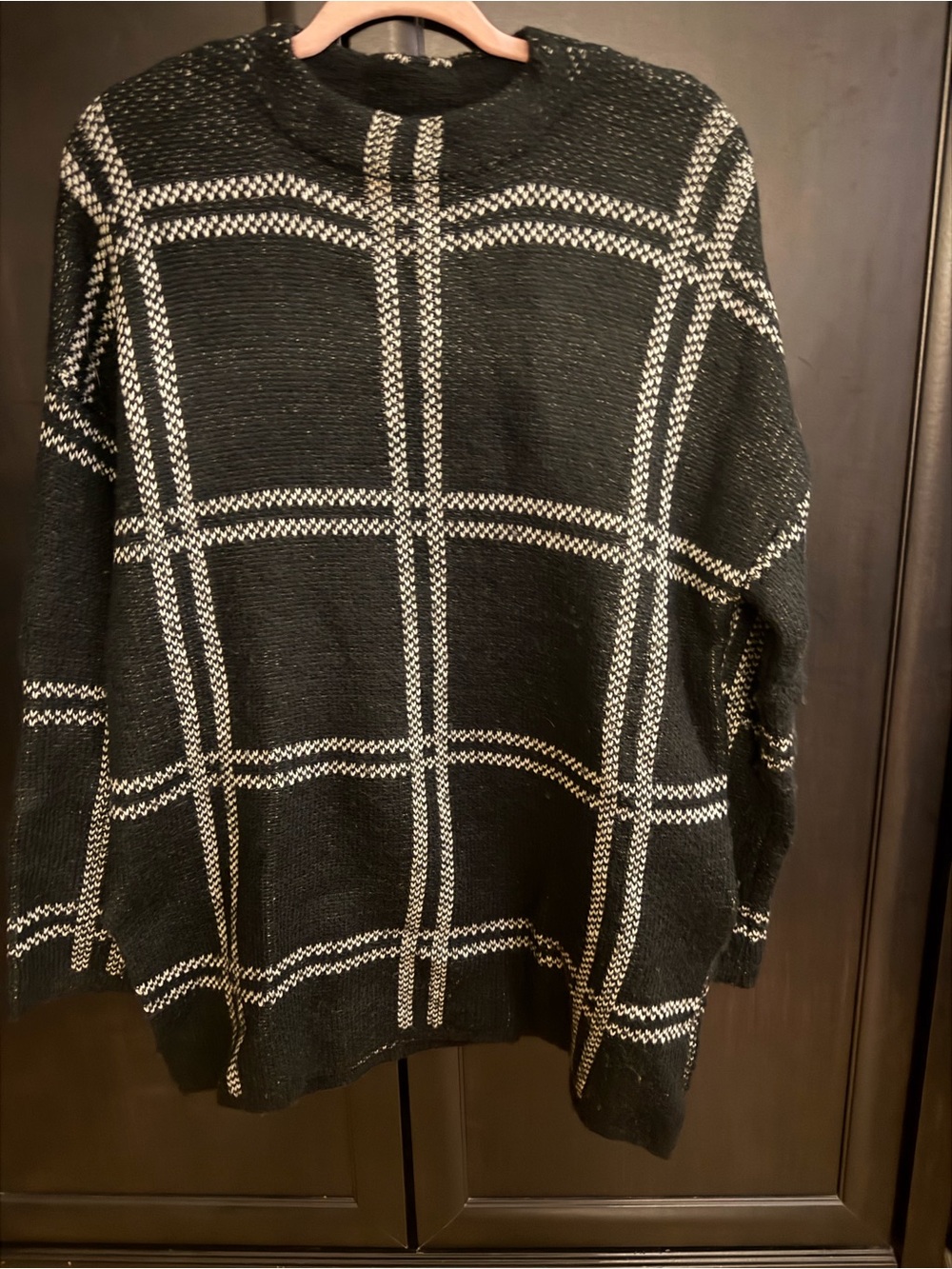 Women's Black Crewneck Windowpane Sweater